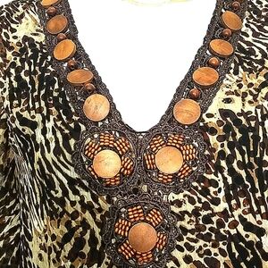 Beaded Peplum Top Blouse v-neck animal print Short Cap Sleeve Sheer Lined Boho